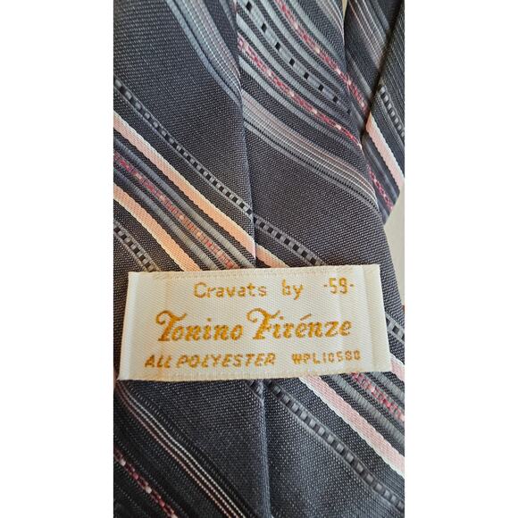 Vintage Tonino Fizenze Men's Necktie - Gray w/Pink Stripes - 55-1/2" x 3" wide - Picture 3 of 3